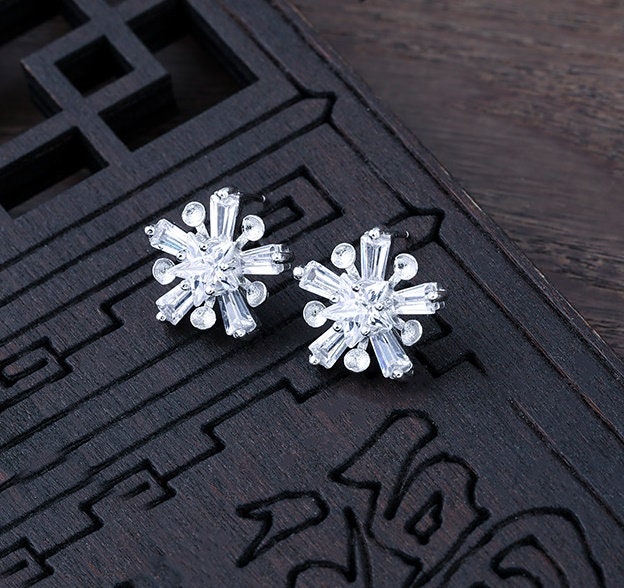 Crystals Snowflake Pin Cup Base Earrings Stud Setting Sterling Silver White Gold Fine 925 3mm For Five Beads No Prongs DIY Jewelry Wholesale