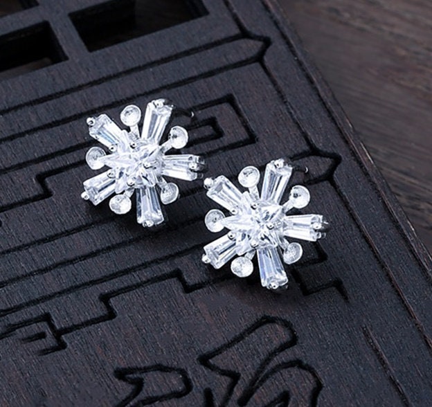 Crystals Snowflake Pin Cup Base Earrings Stud Setting Sterling Silver White Gold Fine 925 3mm For Five Beads No Prongs DIY Jewelry Wholesale