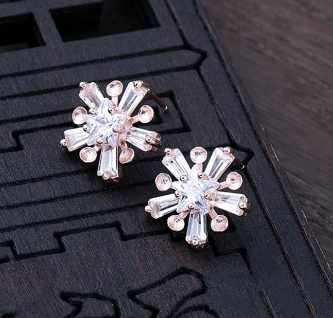 Crystals Snowflake Pin Cup Base Earrings Stud Setting Sterling Silver White Gold Fine 925 3mm For Five Beads No Prongs DIY Jewelry Wholesale