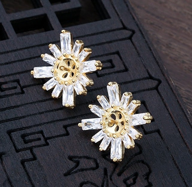 Crystals Flower Pin Cup Earrings Stud Blank Setting Sterling Silver Gold Fine 925 8mm For One Pearl Bead No Prongs DIY Jewelry Wholesale