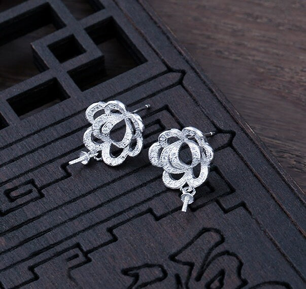 Flower Pin Cup Base Earrings Stud Setting Sterling Silver White Gold Fine 925 6-10mm For One Pearl Bead No Prongs DIY Jewelry Wholesale