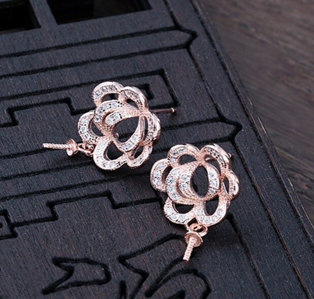 Flower Pin Cup Base Earrings Stud Setting Sterling Silver White Gold Fine 925 6-10mm For One Pearl Bead No Prongs DIY Jewelry Wholesale