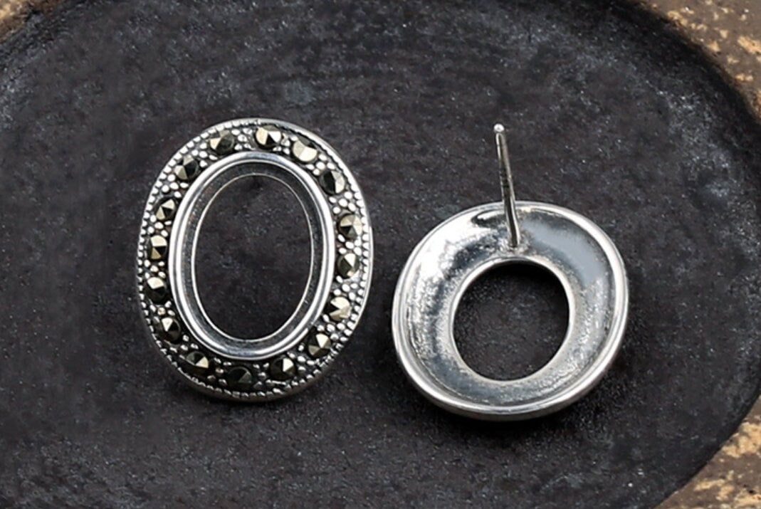 Retro Oval Base Stud Earrings Blank Setting Sterling Silver Antique Fine 925 8x11mm For One Stone Gemstone No Prongs DIY Jewelry Wholesale