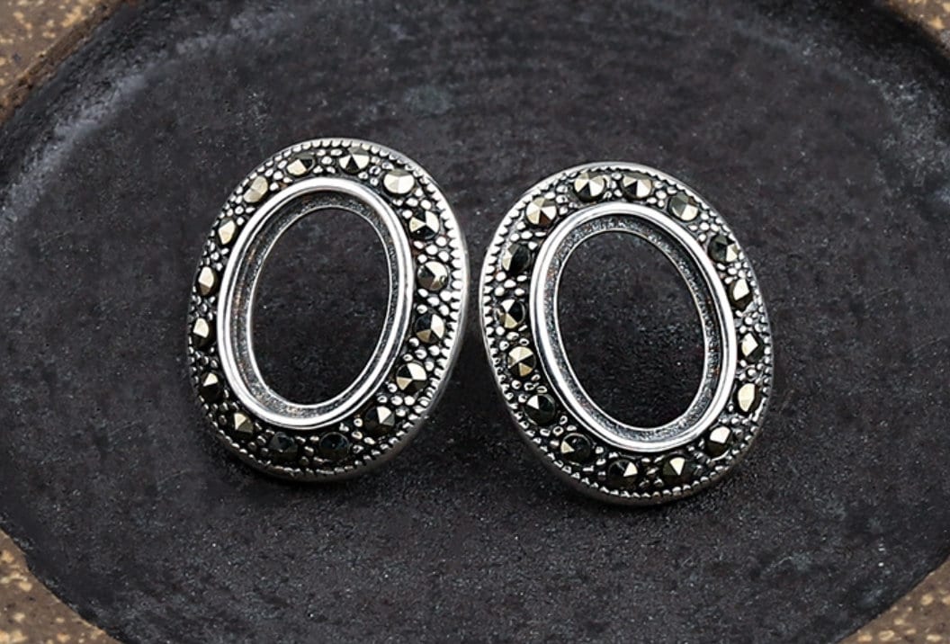 Retro Oval Base Stud Earrings Blank Setting Sterling Silver Antique Fine 925 8x11mm For One Stone Gemstone No Prongs DIY Jewelry Wholesale