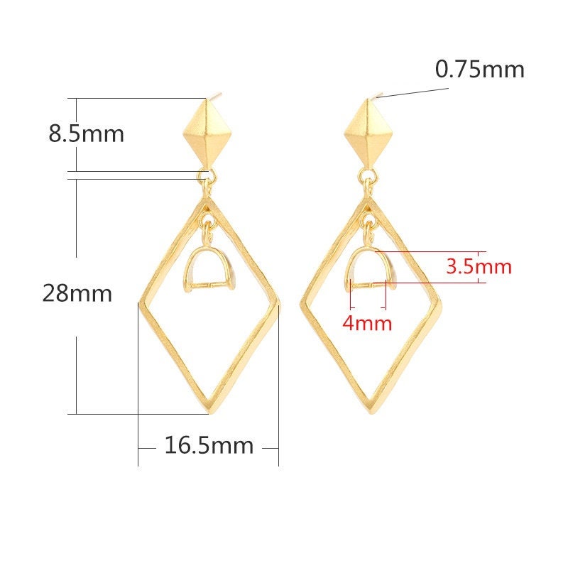 Rhombus Buckle Clip Stud Earrings Setting Bezel Sterling Silver Rose Gold Fine 925 3.5x4 mm For One Pearl No Prongs DIY Jewelry Wholesale