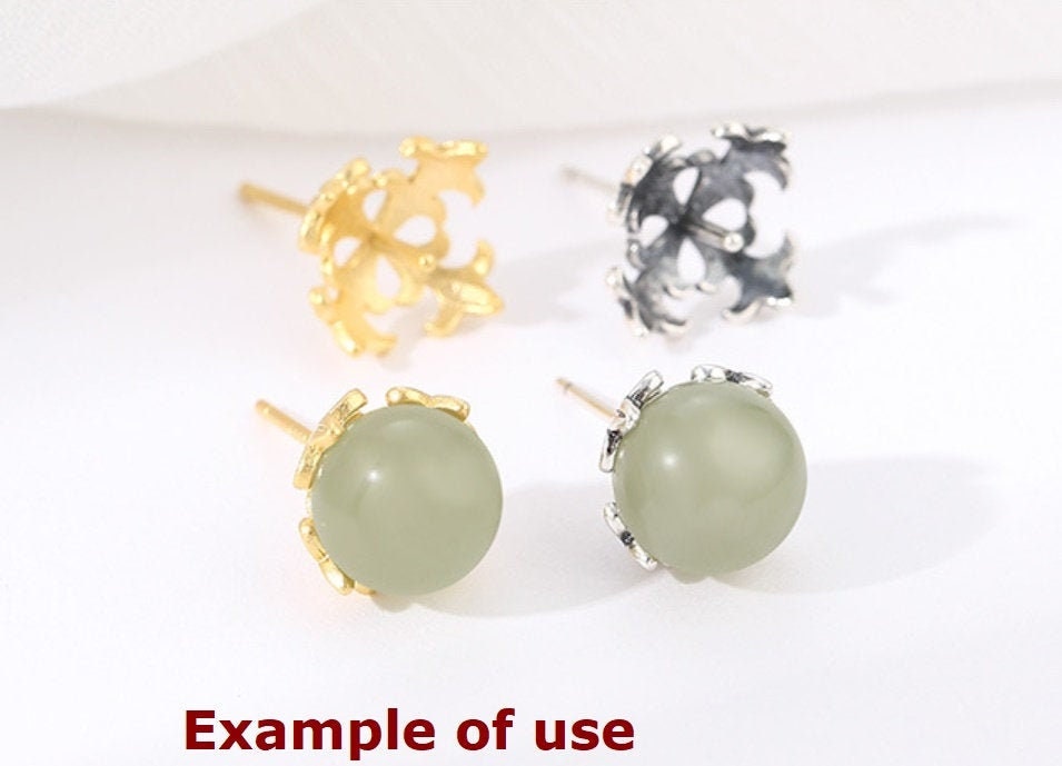 Vintage Flower Cup Pin Earrings Stud Setting Sterling Silver Gold Fine 925 8x8 mm For One Pearl Bead No Prongs DIY Jewelry Wholesale