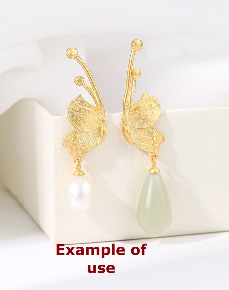 Vintage Butterfly Cup Pin Earrings Stud Setting Base Sterling Silver Gold Fine 925 14.5x28.5mm For One Pearl No Prongs DIY Jewelry Wholesale