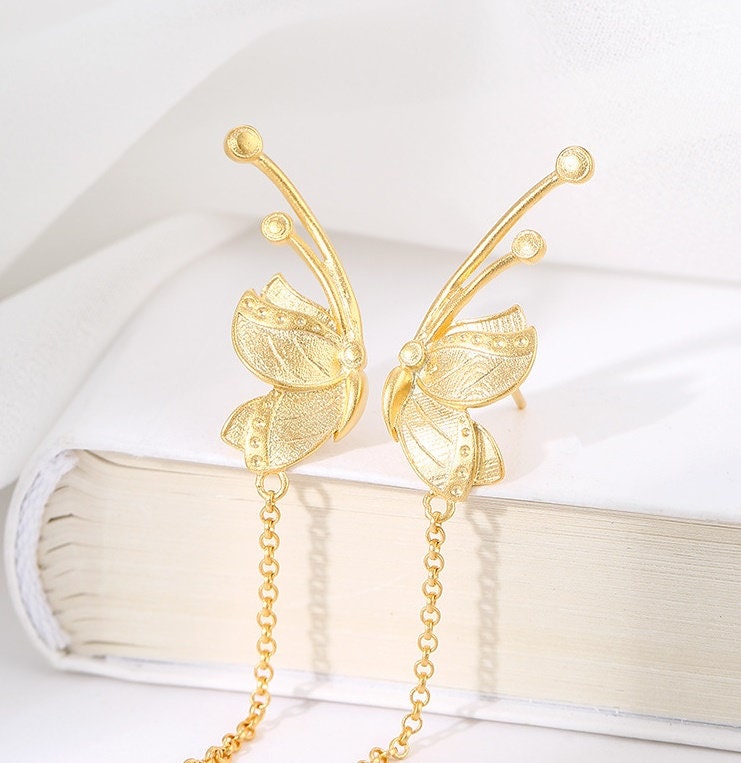 Vintage Butterfly Cup Pin Earrings Stud Setting Base Sterling Silver Gold Fine 925 14.5x28.5mm For One Pearl No Prongs DIY Jewelry Wholesale