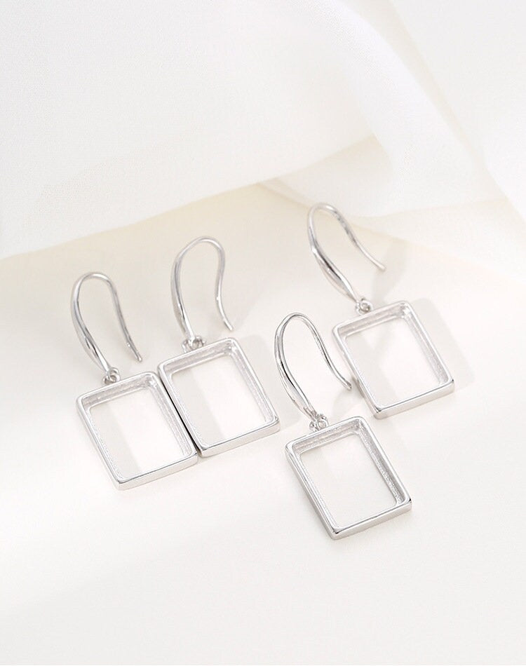 Rectangle Earrings Hook Blank Setting Sterling Silver White Gold Fine 925 10-16mm For One Stone Gemstone No Prongs DIY Jewelry Wholesale