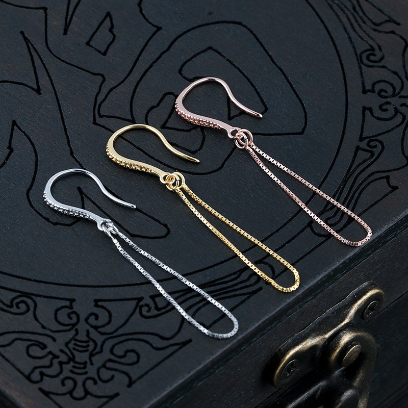 Chain Loop Buckle Earrings Hook Setting Fine Sterling Silver White Rose Gold 925 15.5x60mm For One Bead No Prongs DIY Jewelry Wholesale