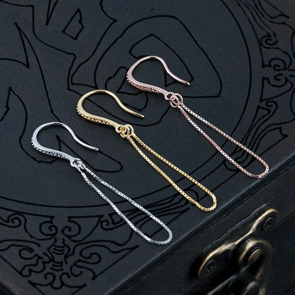 Chain Loop Buckle Earrings Hook Setting Fine Sterling Silver White Rose Gold 925 15.5x60mm For One Bead No Prongs DIY Jewelry Wholesale