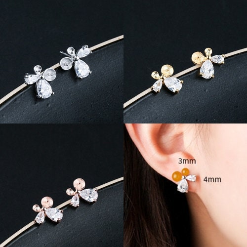 Crystals Butterfly Pin Cup Earrings Stud Setting Sterling Silver Rose Gold Fine 925 3-6mm For Two Beads No Prongs DIY Jewelry Wholesale