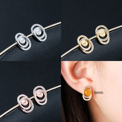 Crystals Circle Cup Pin Base Earrings Stud Setting Sterling Silver Rose Gold Fine 925 4-6mm For One Pearl No Prongs DIY Jewelry Wholesale