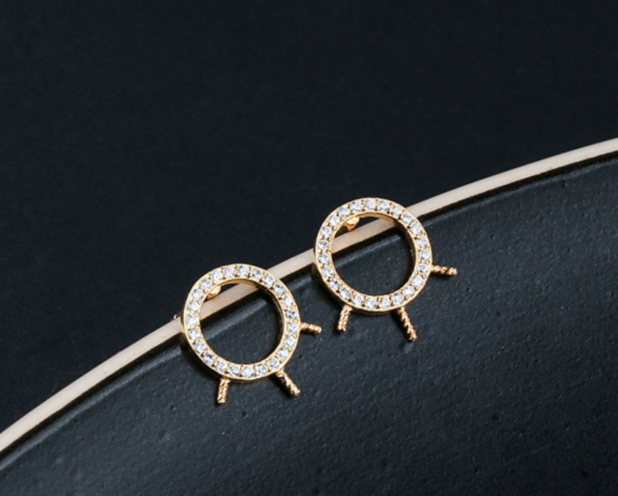 Crystals Circle Cup Pin Earrings Stud Blank Setting Sterling Silver Gold Bezel Fine 925 4-6mm For One Pearl No Prongs DIY Jewelry Wholesale