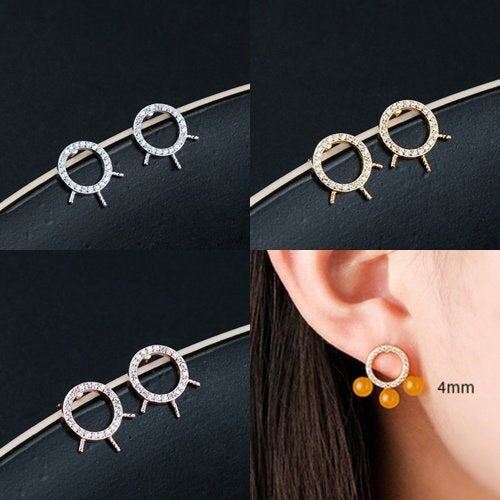 Crystals Circle Cup Pin Earrings Stud Blank Setting Sterling Silver Gold Bezel Fine 925 4-6mm For One Pearl No Prongs DIY Jewelry Wholesale