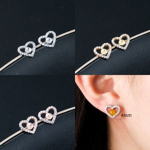 Crystals Heart Cup Pin Stud Earrings Setting Tray Bulk Sterling Silver Gold Fine 925 4-6mm For One Pearl No Prongs DIY Jewelry Wholesale