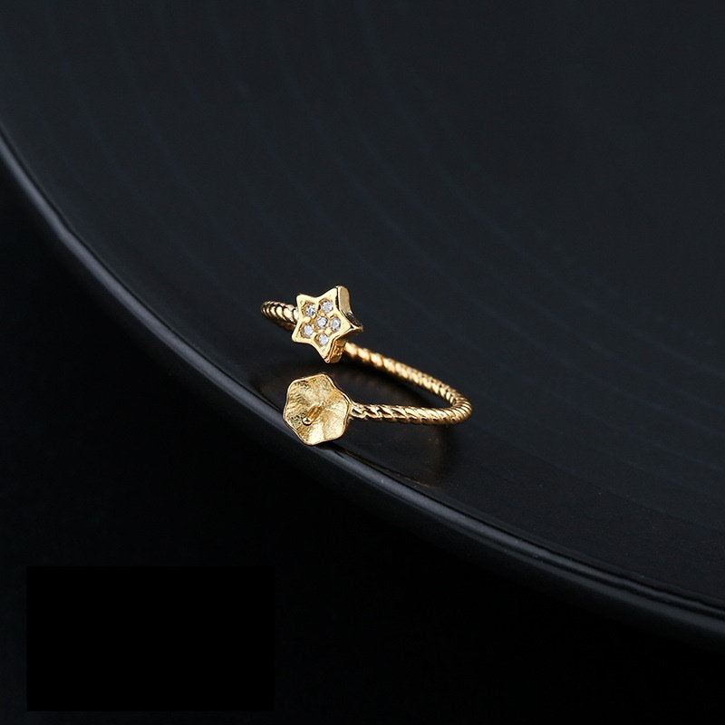 Ring Blank Setting 1pc 925 Sterling Silver Crystal CZ Star Cup Pin Gold Fine For One 5-7mm Pearl Bead Top Drilled Charm Adjustable Wholesale