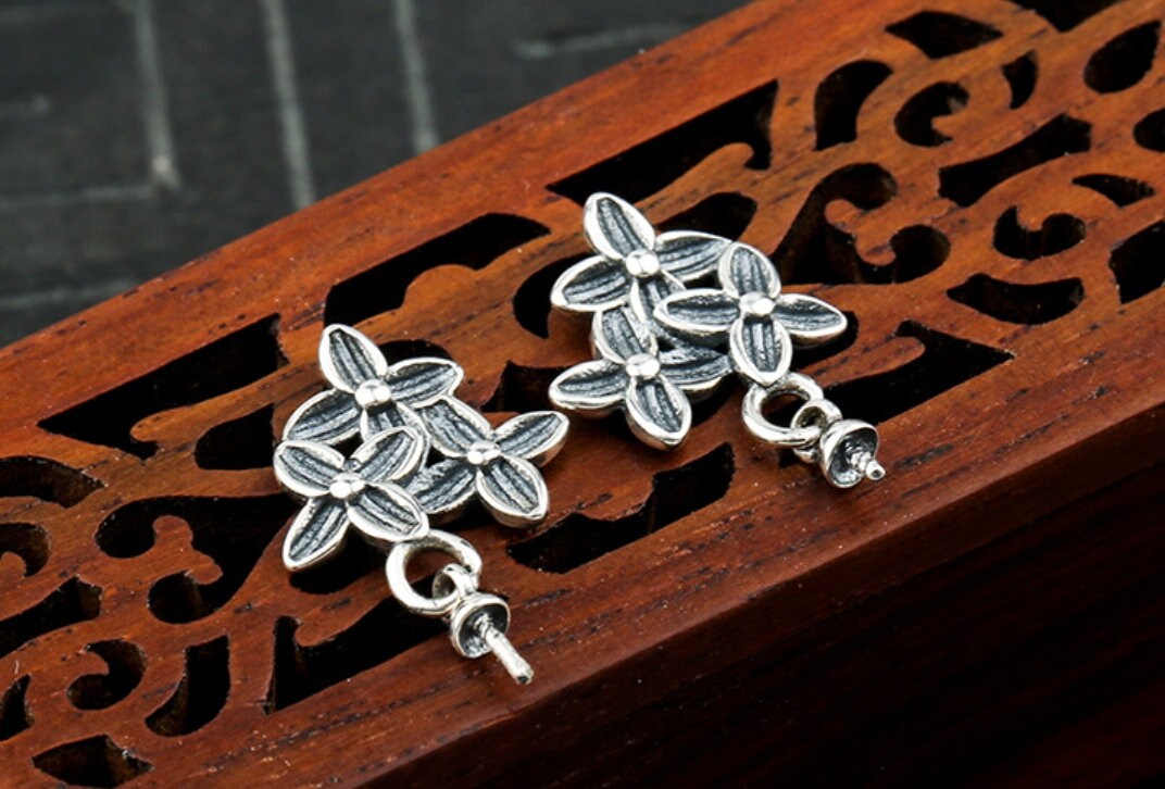 Flowers Pin Cup Base Earrings Stud Setting Bezel Sterling Silver Antique Fine 925 6-12mm For One Pearl Bead No Prongs DIY Jewelry Wholesale