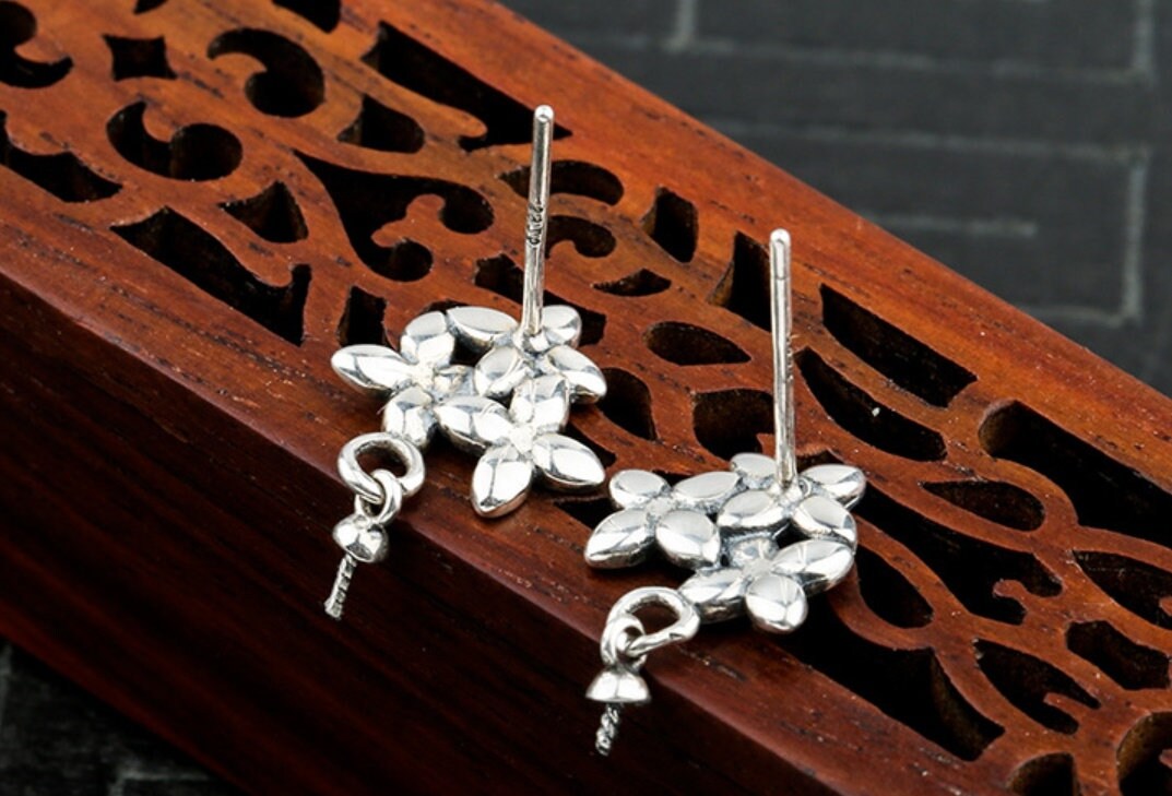 Flowers Pin Cup Base Earrings Stud Setting Bezel Sterling Silver Antique Fine 925 6-12mm For One Pearl Bead No Prongs DIY Jewelry Wholesale