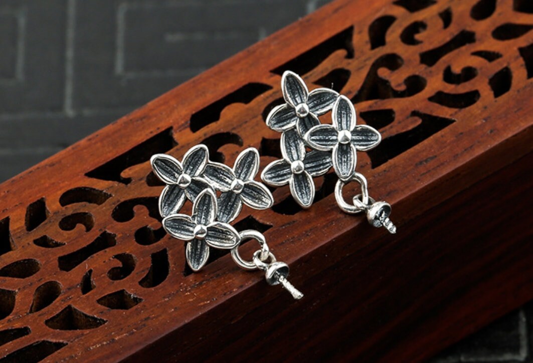 Flowers Pin Cup Base Earrings Stud Setting Bezel Sterling Silver Antique Fine 925 6-12mm For One Pearl Bead No Prongs DIY Jewelry Wholesale