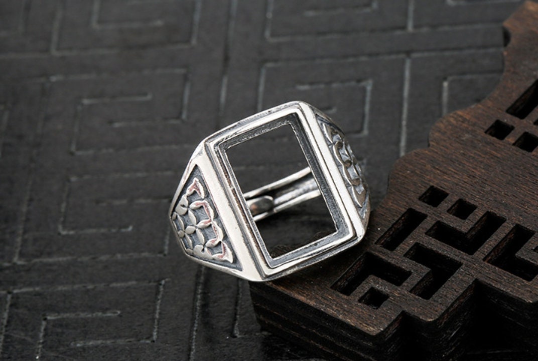 Ring Blank Setting 1pc Sterling Silver 925 Vintage Rectangle Base Fine 10x16mm For One Stone Gemstone Adjustable No Prongs Wholesale