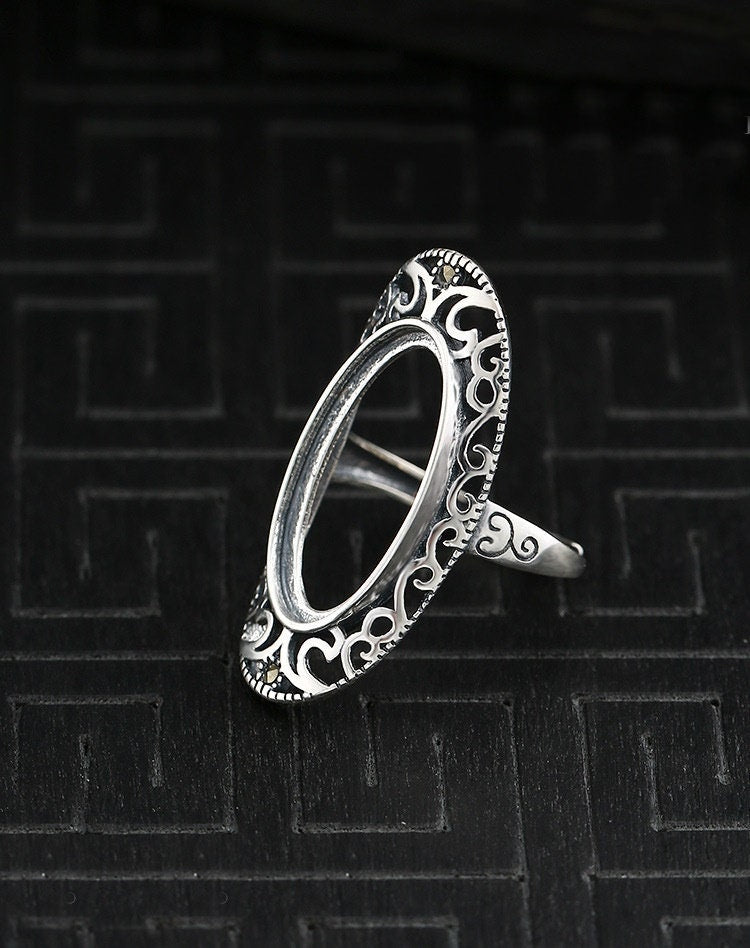 Ring Blank Setting 1pc Sterling Silver 925 Vintage Pattern Oval Base Fine 11.5x22mm For One Stone Gemstone Adjustable No Prongs Wholesale