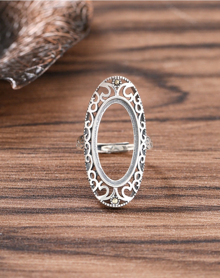 Ring Blank Setting 1pc Sterling Silver 925 Vintage Pattern Oval Base Fine 11.5x22mm For One Stone Gemstone Adjustable No Prongs Wholesale