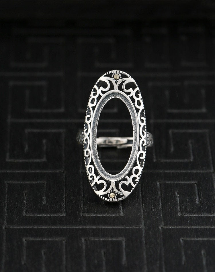 Ring Blank Setting 1pc Sterling Silver 925 Vintage Pattern Oval Base Fine 11.5x22mm For One Stone Gemstone Adjustable No Prongs Wholesale