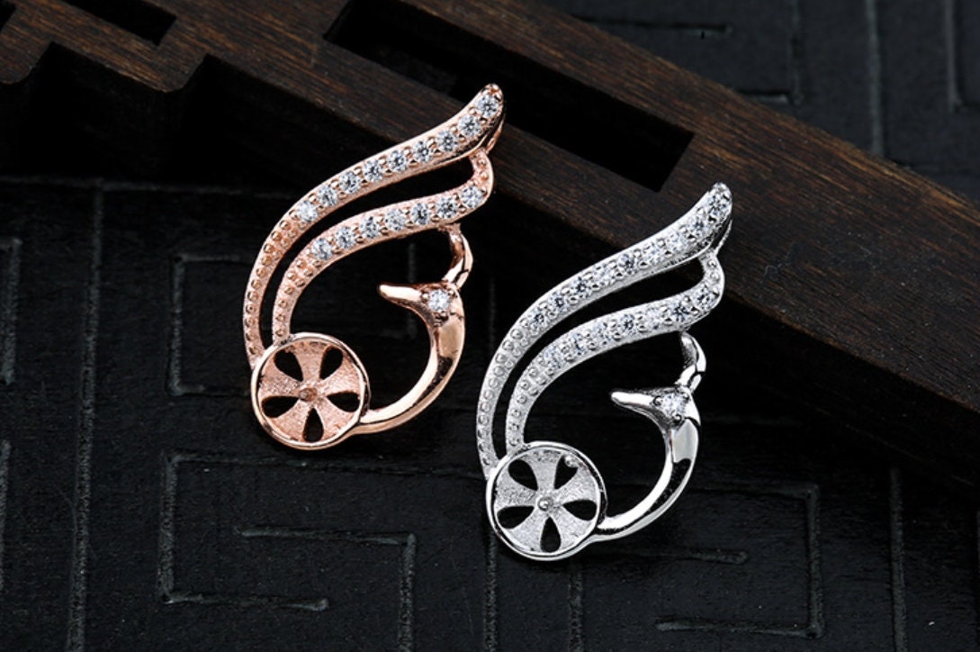 Crystals Bird Peacock Cup Pin Pendant Setting Sterling Silver Rose Gold Fine 925 8mm For One Pearl Bead No Prongs DIY Jewelry Wholesale