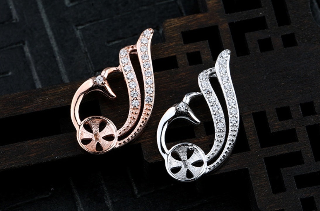 Crystals Bird Peacock Cup Pin Pendant Setting Sterling Silver Rose Gold Fine 925 8mm For One Pearl Bead No Prongs DIY Jewelry Wholesale