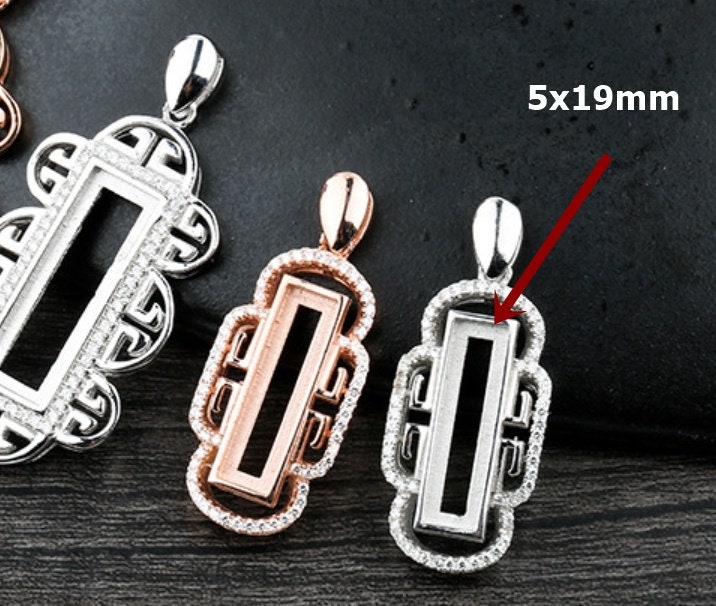 Vintage Rectangle Pendant Setting Tray Bulk Sterling Silver Rose Gold Fine 925 5x19mm For One Stone Gemstone No Prongs DIY Jewelry Wholesale