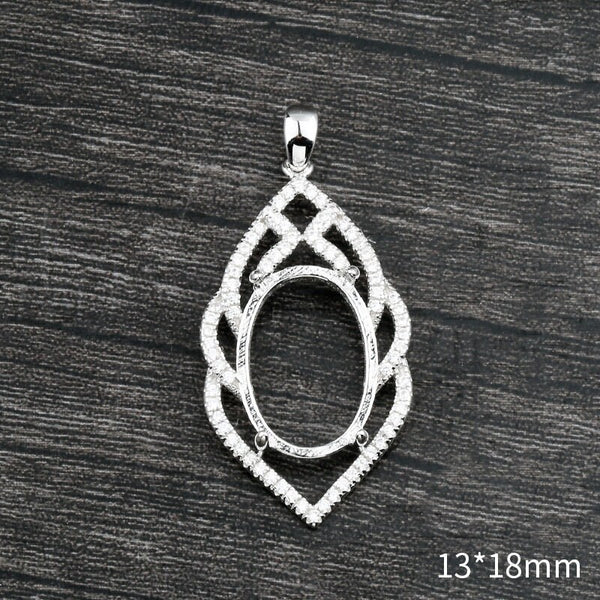 Crystals Leaf Oval Pendant Blank Setting Sterling Silver White Gold Fine 925 13x18mm For One Stone Four Prongs DIY Jewelry Wholesale