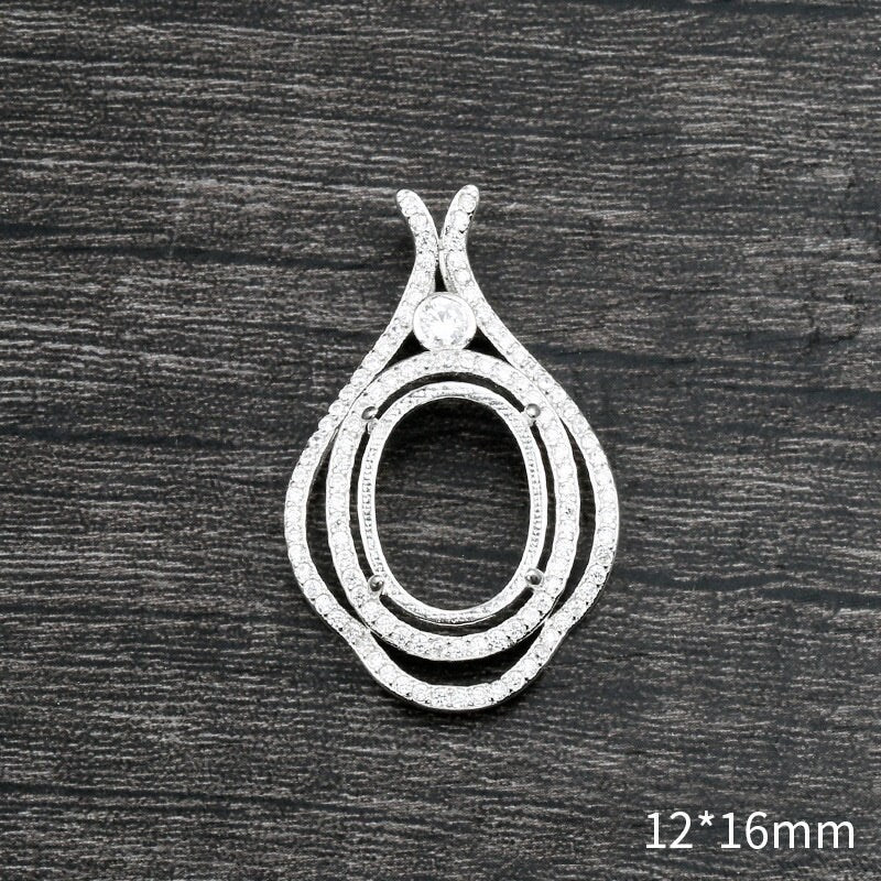 Crystals Flower Oval Pendant Setting Base Sterling Silver White Gold Fine 925 12x16mm For One Stone Four Prongs DIY Jewelry Wholesale