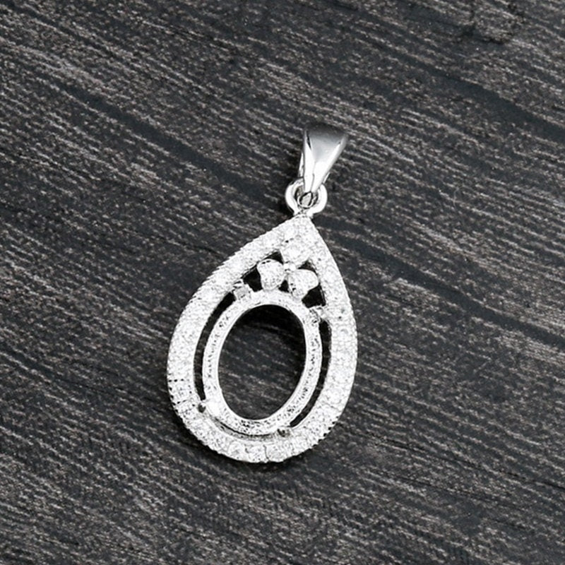 Crystals Teardrop Oval Pendant Setting Wholesale Sterling Silver White Gold Fine 925 8x10mm For One Stone Gemstone Four Prongs DIY Jewelry