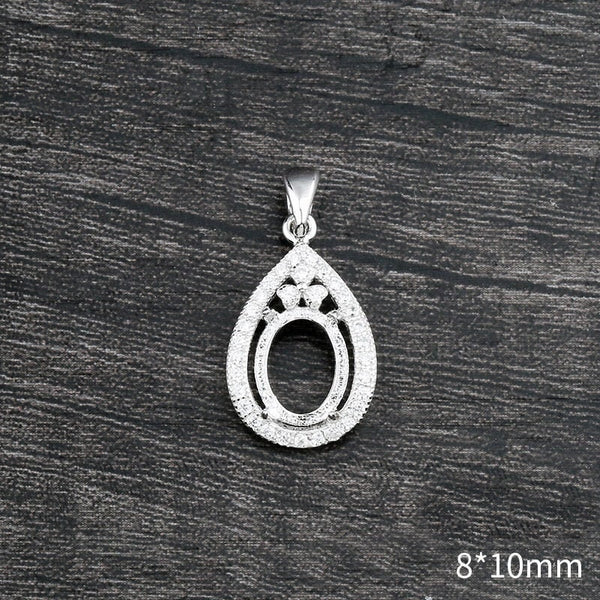 Crystals Teardrop Oval Pendant Setting Wholesale Sterling Silver White Gold Fine 925 8x10mm For One Stone Gemstone Four Prongs DIY Jewelry