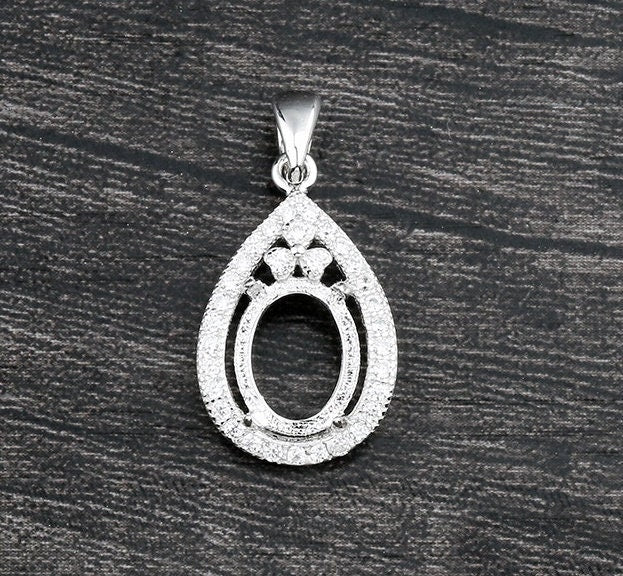 Crystals Teardrop Oval Pendant Setting Wholesale Sterling Silver White Gold Fine 925 8x10mm For One Stone Gemstone Four Prongs DIY Jewelry