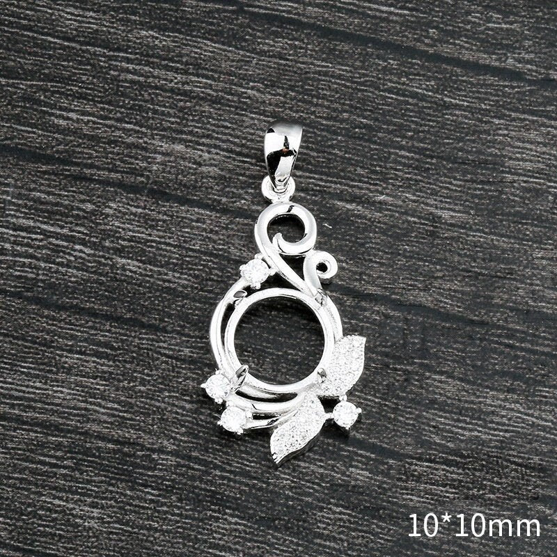 Crystals Flower Round Pendant Setting Sterling Silver White Gold Fine 925 10x10mm For One Stone Gemstone Four Prongs DIY Jewelry Wholesale