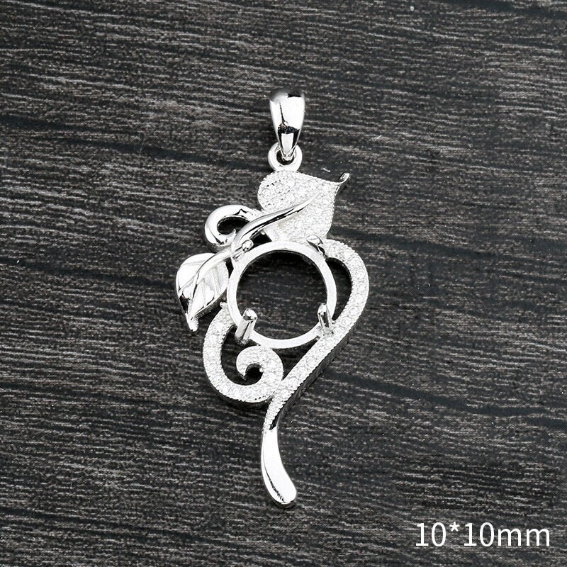 Crystals Leaf Round Pendant Setting Sterling Silver White Gold Fine 925 10x10mm For One Stone Gemstone Four Prongs DIY Jewelry Wholesale