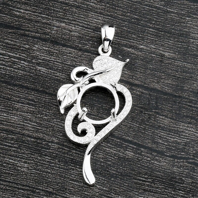 Crystals Leaf Round Pendant Setting Sterling Silver White Gold Fine 925 10x10mm For One Stone Gemstone Four Prongs DIY Jewelry Wholesale