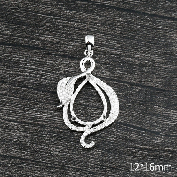 Crystals Leaf Teardrop Base Pendant Setting Sterling Silver White Gold Fine 925 12x16mm For One Stone Three Prongs DIY Jewelry Wholesale