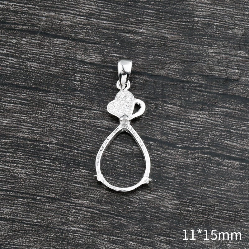 Crystals Teardrop Base Pendant Setting Wholesale Sterling Silver White Gold Fine 925 11x15mm For One Stone Gemstone Three Prongs DIY Jewelry