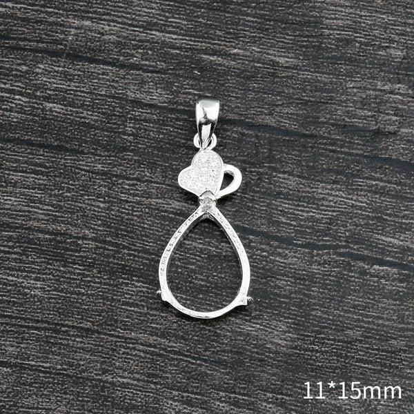 Crystals Teardrop Base Pendant Setting Wholesale Sterling Silver White Gold Fine 925 11x15mm For One Stone Gemstone Three Prongs DIY Jewelry