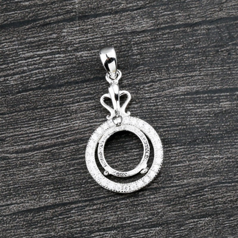 Crystals Round Pendant Setting Base Sterling Silver White Gold Fine 925 10x10mm For One Stone Gemstone Four Prongs DIY Jewelry Wholesale