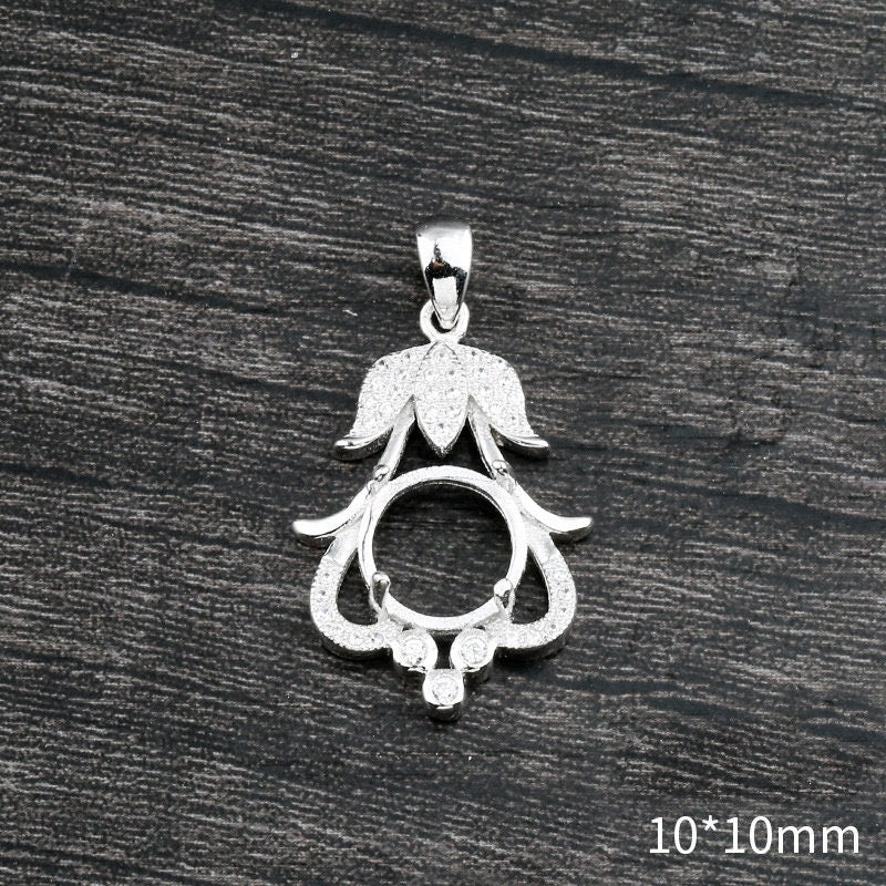 Crystals Flower Round Pendant Setting Sterling Silver White Gold Fine 925 10x10mm For One Stone Gemstone Four Prongs DIY Jewelry Wholesale