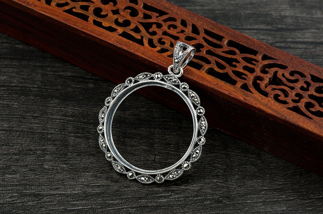 Retro Circle Round Base Pendant Setting Tray Bulk Sterling Silver Fine 925 27mm For One Stone Gemstone No Prongs DIY Jewelry Wholesale