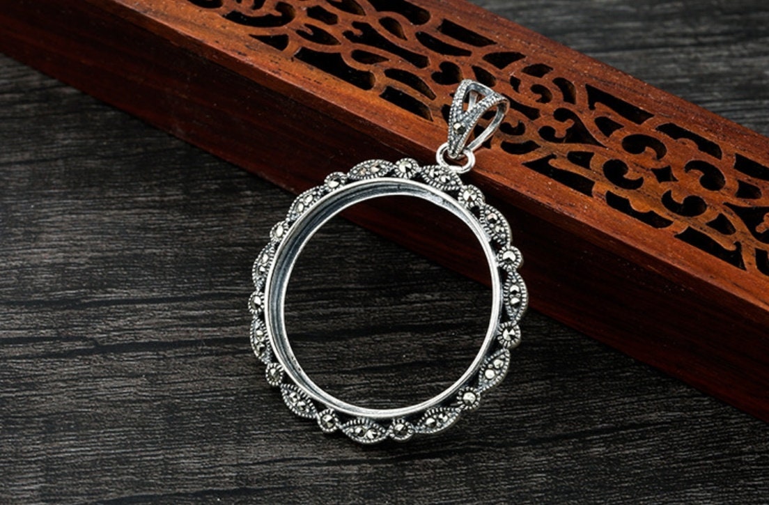 Retro Circle Round Base Pendant Setting Tray Bulk Sterling Silver Fine 925 27mm For One Stone Gemstone No Prongs DIY Jewelry Wholesale