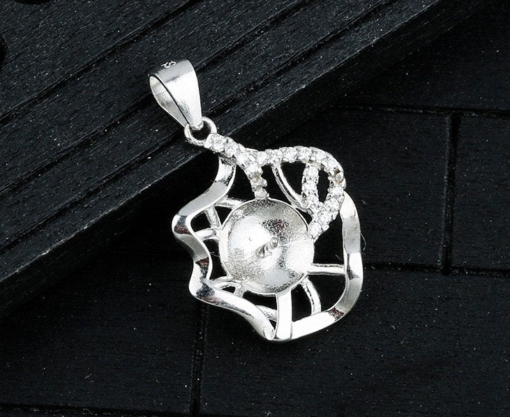 Crystals Flower Cup Pin Base Pendant Setting Base Sterling Silver White Gold Fine 925 8-10mm For One Pearl No Prongs DIY Jewelry Wholesale