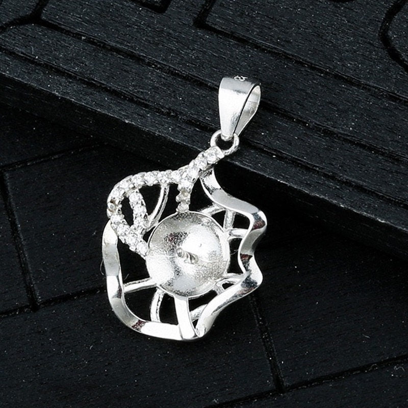 Crystals Flower Cup Pin Base Pendant Setting Base Sterling Silver White Gold Fine 925 8-10mm For One Pearl No Prongs DIY Jewelry Wholesale