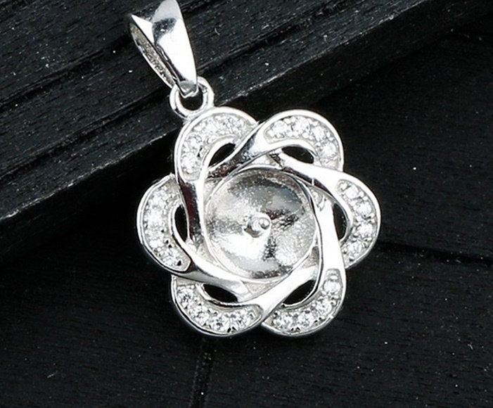 Crystals Flower Cup Pin Base Pendant Setting Sterling Silver White Gold Fine 925 8-10mm For One Pearl Bead No Prongs DIY Jewelry Wholesale