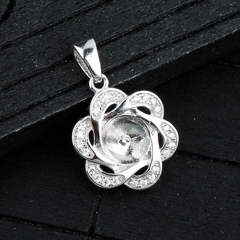 Crystals Flower Cup Pin Base Pendant Setting Sterling Silver White Gold Fine 925 8-10mm For One Pearl Bead No Prongs DIY Jewelry Wholesale